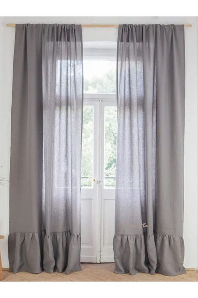 Perdeplus Linen Tulle Curtain Anthracite Gray Skirt with Ruffles