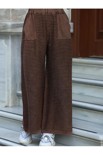 Sosyete Kaplumbağa Authentic 100% Cotton Pocket Washed Knitwear Large Size Wide Leg Pants