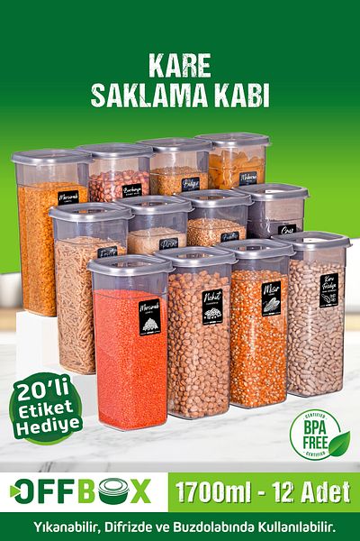 OFFBOX 1.7 Liter Jumbo Size Square Food Storage Set - 12 Pieces, 24 Pieces, Spice Rack 20 Labels Gift