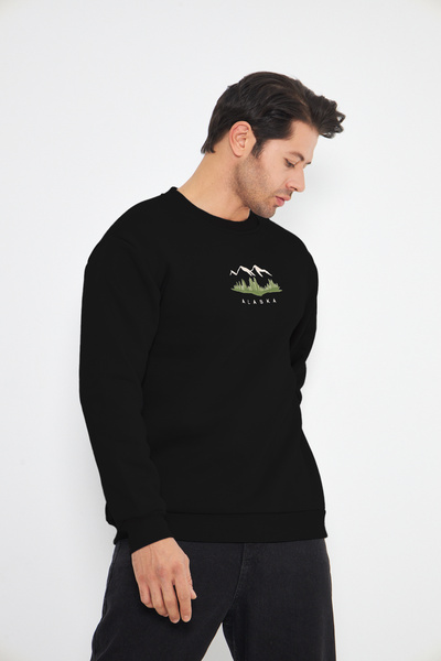 Northlight Unisex Siyah Mountains Nakışlı Bisiklet Yaka İçi Yumuşak Polarlı Oversize Sweatshirt