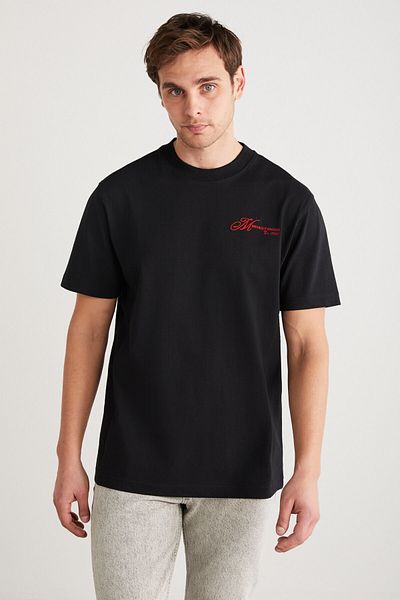 GRIMELANGE SANTORINI Men's 100% Cotton Short Sleeve Embroidered Black T-Shirt