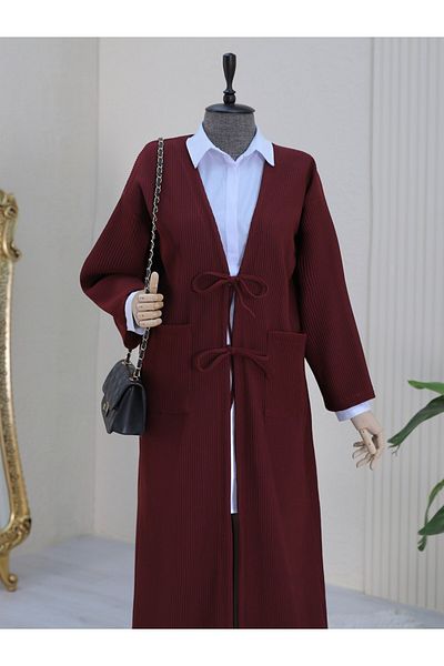 Modamorfo Bag Pocket Front Lace up Ribbed Long Knitted Cap - Burgundy