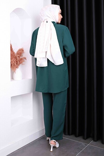 İmajButik Emerald Green Pocket Front Stone Tunic Pants Set