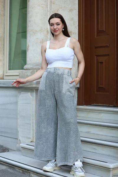 Sosyete Kaplumbağa Authentic 100% Cotton Pocket Washed Knitwear Large Size Wide Leg Pants