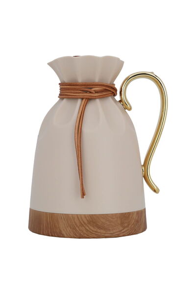 Alsaif Gallery Beige Balqis Thermos With Golden Wooden Handle, 1 Liter