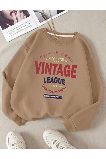 Mythologie Vintage League Sweatshirt - Beige Printed Oversize Raised Crew Neck