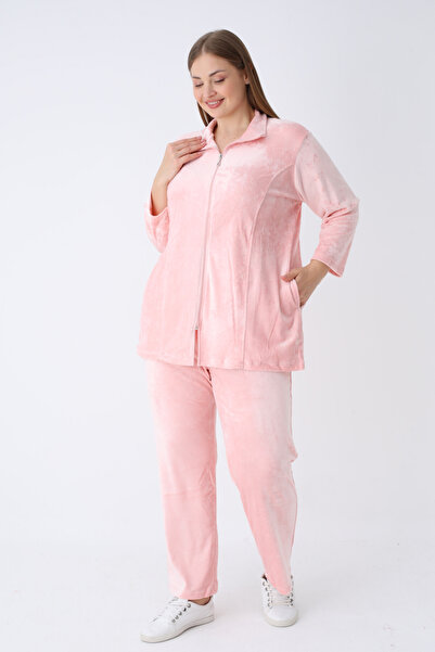 İntensive Women's Plus Size Fleece Long Sleeve Zipper Soft Tracksuit with Pockets