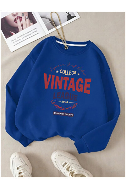 Mythologie Vintage League Sweatshirt - Sax Blue Printed Oversize Raised Crew ...
