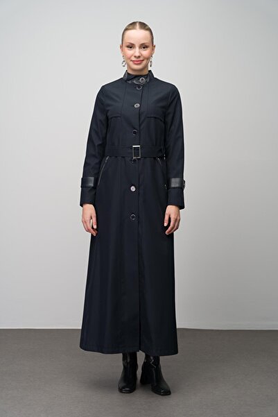 Olcay Tmavě modrý 4298 - Dlouhý trenčkot s podšívkou, kůží a kapucí