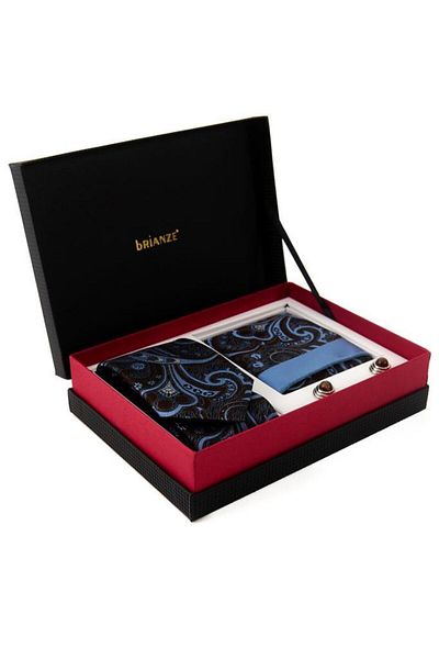 Brianze Brown Blue Shawl Pattern Tie Handkerchief Cufflink Gift Set