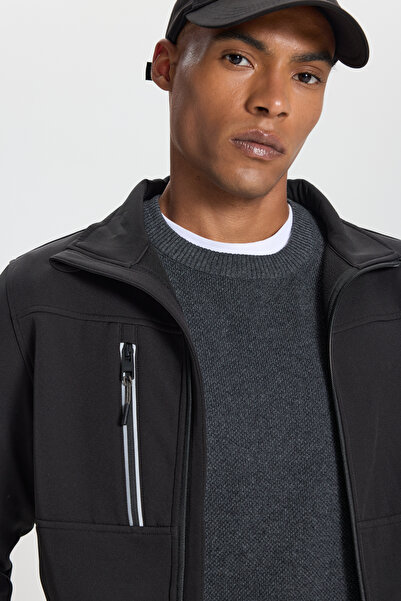 ALTINYILDIZ CLASSICS Men's Black Softshell Standard Fit Regular Fit Stand Collar Zipper Side Pocket Coat