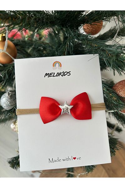 Melo New Year's Special Soft Baby Bandana with Red Ribbon and Silver Star Detail
