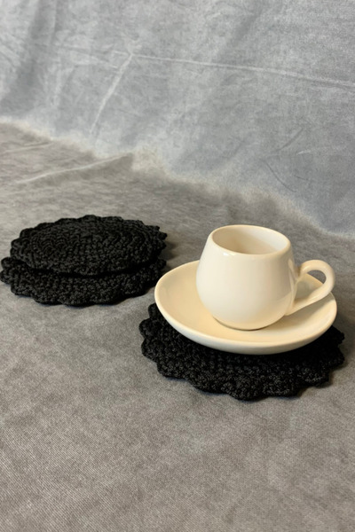 Uretti - Hacer 8870 El Yapımı 3'lü Makrome Ip Örgü Bardak Altlığı - Siyah - 13 Cm