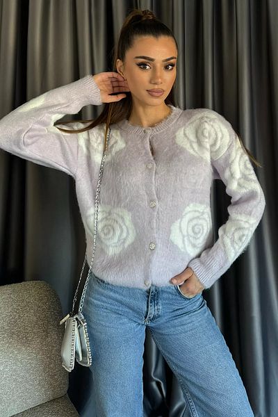 GÜLSELİ Lilac Women's Rose Patterned Buttoned Knitwear Cardigan