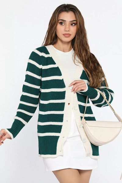 GÜLSELİ Emerald Green Striped Women's Knitwear Cardigan