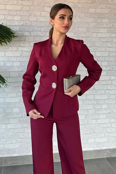GÜLSELİ Burgundy Button Detailed Jacket Pants Double Set