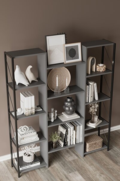 Remaks Hibrit 12 Raflı Metal Kitaplık  Antrasit