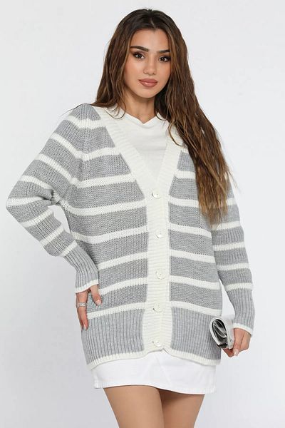 GÜLSELİ Gray Striped Women's Knitwear Cardigan