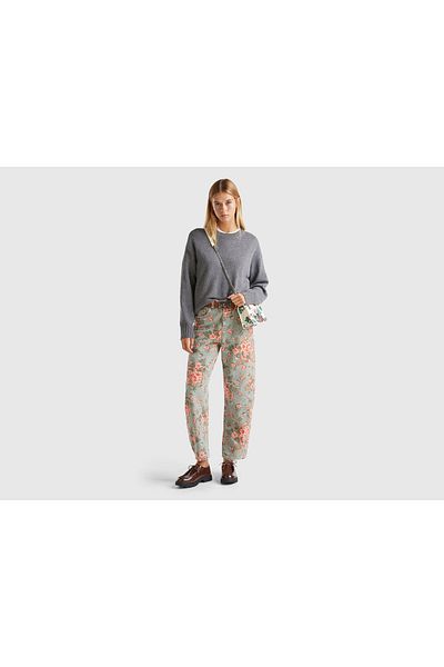 United Colors of Benetton Women's Green 100% Cotton All Floral Print 5 Pocket Balloon Pants