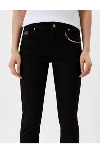 Versace Women's Logo and Rose Printed Skinny Black Pants 74Hab5K6 Cdw00-909