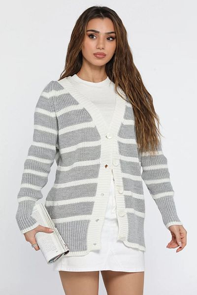 GÜLSELİ Gray Striped Women's Knitwear Cardigan