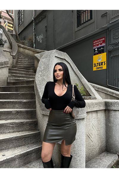 LB Laluna Butik Fusta de damă din piele cu talie înaltă