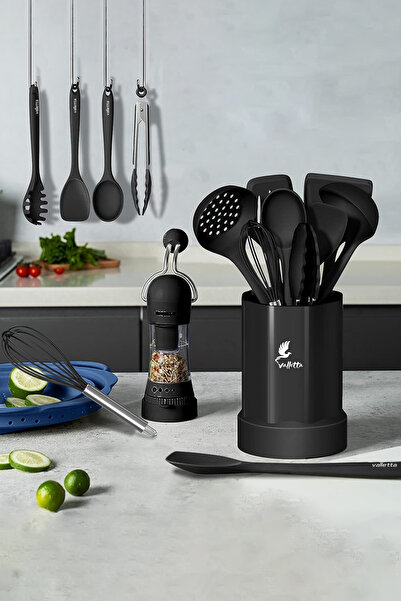 valletta طقم ملاعق سيليكون أسود مكون من 25 قطعة - مقاوم للحرارة ومقاوم للحريق وغير لاصق