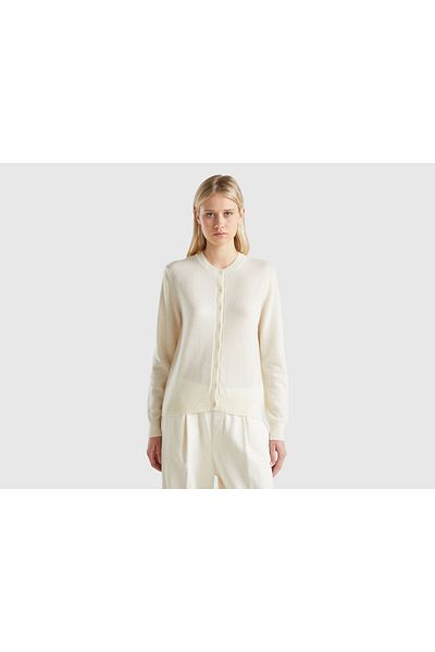 United Colors of Benetton Cardigan cu nasturi cu nasturi, crem, 100% cașmir, cu gât rotund