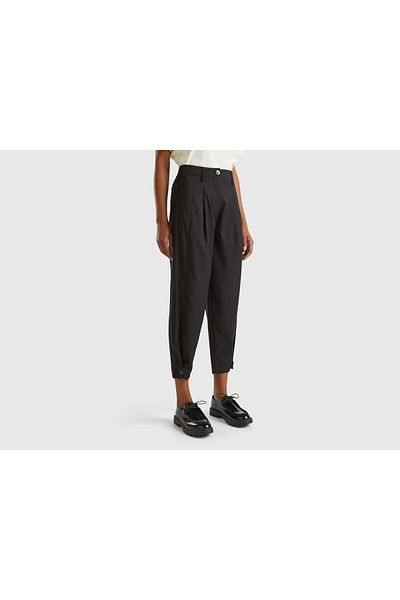 United Colors of Benetton Women's Black Wool and Viscous Blended Trousers with Button Detail