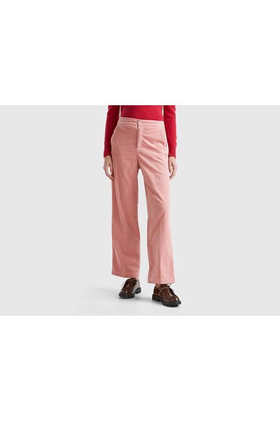 United Colors of Benetton Women's Pink Cotton Blended Wide Leg Velvet Trousers with Elastic Back Pockets