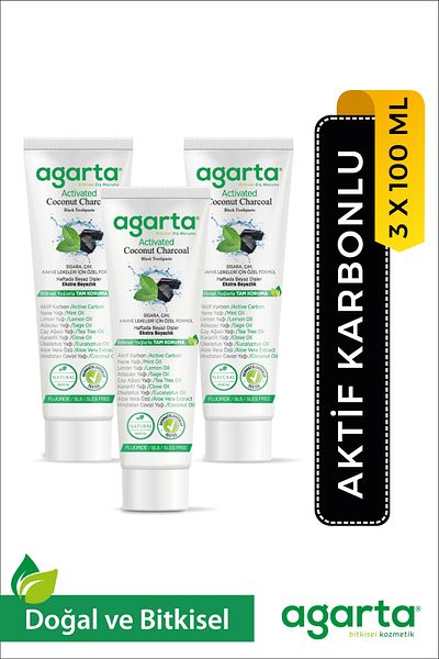 Agarta 3 Pieces Natural Fluoride-Free Coconut Extract Activated Carbon Toothpaste 100 ml