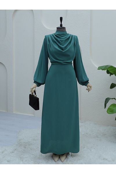 Modamorfo Mint Colored Crepe Dress with Stand Collar and Shoulder Detail