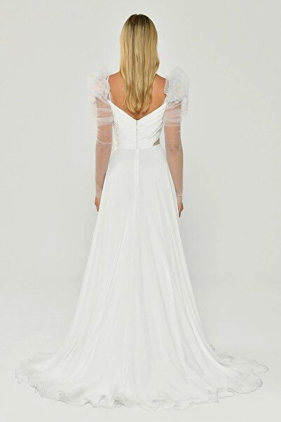 ALFABETA Long Chiffon Evening Dress - Fluffy, Short Sleeve and Slit Dress