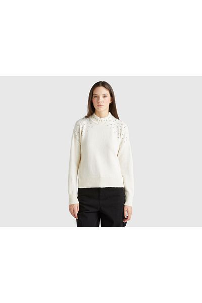 United Colors of Benetton Women's Cream Cotton and Wool Blended Stone Detailed High Collar Sweater