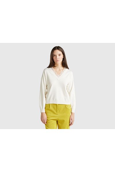 United Colors of Benetton Women's White Viscous Blended Lace Detail V-Neck Sweater
