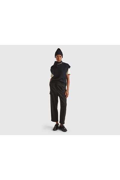 United Colors of Benetton Women's Black Wool and Liyosel Blended Pocket High Waist Cargo Pants
