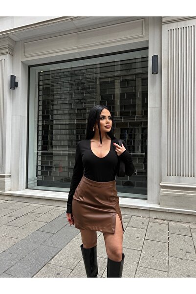 LB Laluna Butik kadın Yüksek Bel Yırtmaçlı Deri Etek