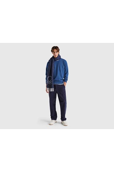 United Colors of Benetton Men's Navy Blue Cotton Blended Front and Back Pocket Drawstring Velvet Trousers