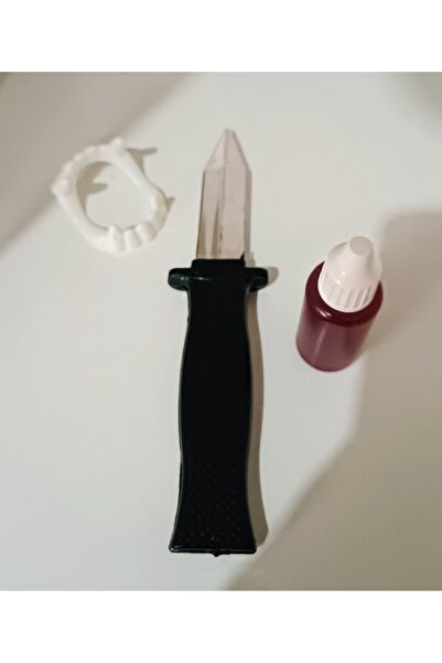 ASLANKAR 3 lü set yapay tiyatro şaka kanı, vampir diş  ve şaka bıçak Halloween şaka kan, bıçak,ve diş set