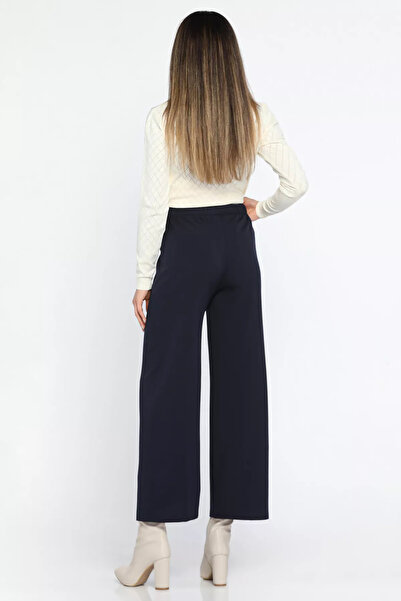 GÜLSELİ Navy Blue Lace-Up Wide Leg Comfortable Women's Fabric Trousers