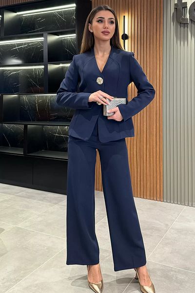 GÜLSELİ Navy Blue Button Detailed Jacket Pants Double Set