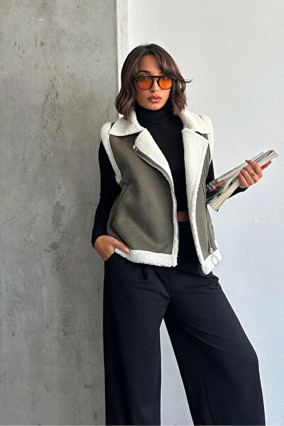 Genel Markalar Haki Krem F Suet Yakası Kürklü Toptan Yelek