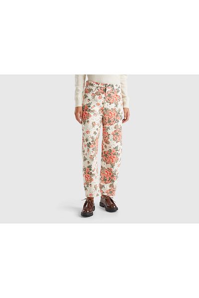 United Colors of Benetton Women's White 100% Cotton All Floral Print 5 Pocket Balloon Pants
