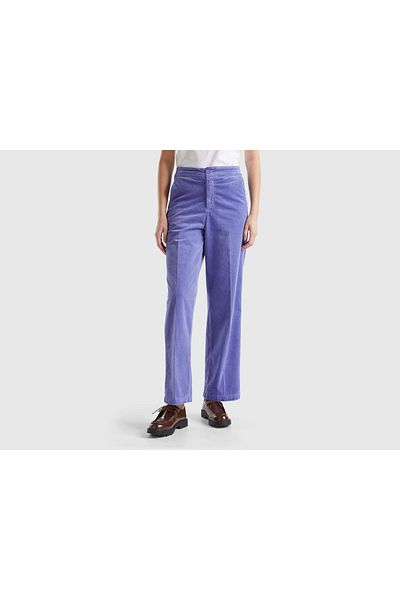 United Colors of Benetton Women's Purple Cotton Blended Wide Leg Velvet Trousers with Elastic Back Pockets