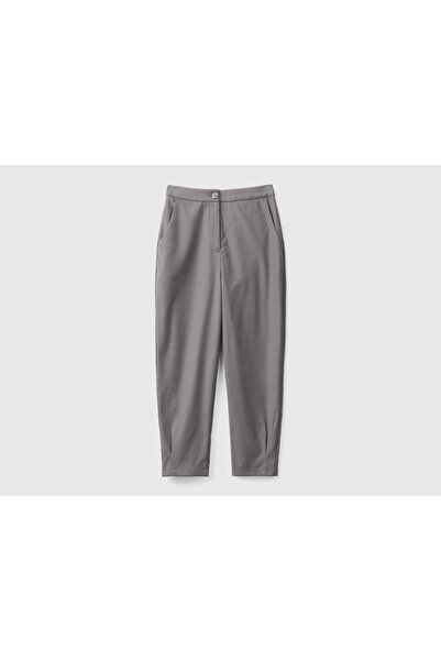 United Colors of Benetton Women's Anthracite Melange Wool and Viscous Blended Lightweight Balloon Long Pants