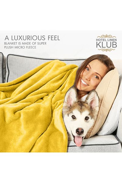 Hotel Linen Klub بطانية مزدوجة من الصوف الدقيق، 200 × 220 سم، لون الخردل