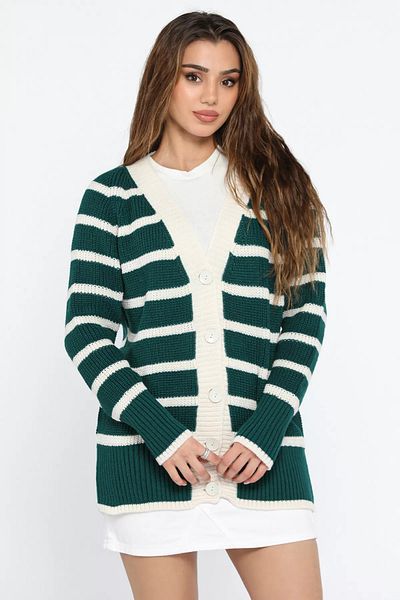 GÜLSELİ Emerald Green Striped Women's Knitwear Cardigan