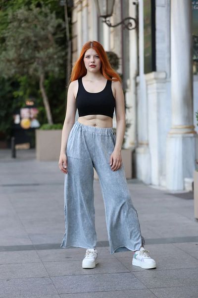 Sosyete Kaplumbağa Authentic 100% Cotton Pocket Antique Knitwear Wide Leg Lace-Up Trousers