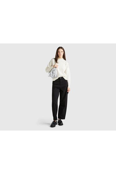 United Colors of Benetton Women's Cream Cotton and Wool Blended Stone Detailed High Collar Sweater
