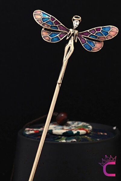 Cinderella Peri Butterfly Tasarım Rhine-Stone Taşlı Metal Topuz Tokası 17cm - Kadın Çubuk Toka Saç Topuz Çubuğu